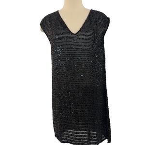 All Saints Beaded Shift Evening Mini Dress Hand Embellished Black Sheer Size 2